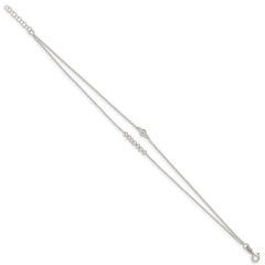 Sterling Silver 2-Strand Beaded CZ 9 inch Plus 1 inch Extender - Total 10 inch Anklet
