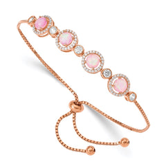 Sterling Silver Rose-tone Created Opal and CZ Adjustable Bracelet - 2