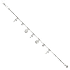 Sterling Silver Rhodium-plated CZ/Cross/Miraculous Medal 9 inch Plus 1 inch Extender - Total 10 inch Anklet