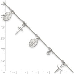 Sterling Silver Rhodium-plated CZ/Cross/Miraculous Medal 9 inch Plus 1 inch Extender - Total 10 inch Anklet