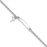 Sterling Silver RH-plated Cross Syn Pearl 6in Plus1in Ext. ID Bracelet