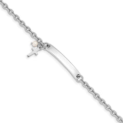 Sterling Silver RH-plated Cross Syn Pearl 6in Plus1in Ext. ID Bracelet