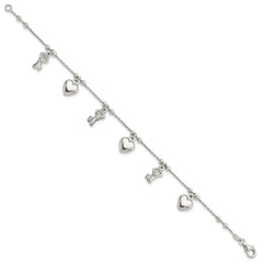 Sterling Silver Rhodium-plated Heart and Key Dangle 6.75in Bracelet