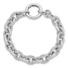 Sterling Silver Rhodium Plated Polished Striped Link Bracelet
