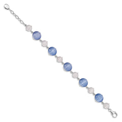 Sterling Silver RH-plated Created Blue Cats Eye w/ 1in ext Bracelet