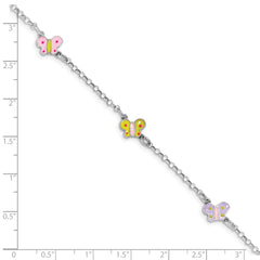 Sterling Silver Rhodium-plated Polished Multi-color Enameled Butterflies Children's Bracelet