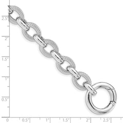 Sterling Silver Rhodium Plated Polished Textured Fancy Link Bracelet