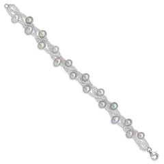 Sterling Silver Rhodium-plated 7-9mm Grey Semi-Round Freshwater Cultured Pearl and Glass Beaded 7.5 inch Bracelet