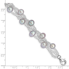 Sterling Silver Rhodium-plated 7-9mm Grey Semi-Round Freshwater Cultured Pearl and Glass Beaded 7.5 inch Bracelet