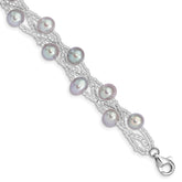 Sterling Silver Rhodium-plated 7-9mm Grey Semi-Round Freshwater Cultured Pearl and Glass Beaded 7.5 inch Bracelet