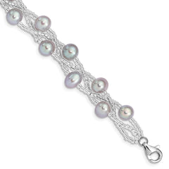 Sterling Silver Rhodium-plated 7-9mm Grey Semi-Round Freshwater Cultured Pearl and Glass Beaded 7.5 inch Bracelet