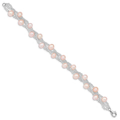 Sterling Silver Rhodium-plated 7-9mm Pink Semi-Round Freshwater Cultured Pearl and Glass Beaded 7.5 inch Bracelet
