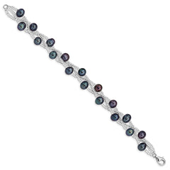 Sterling Silver Rhodium-plated 7-9mm Black Semi-Round Freshwater Cultured Pearl and Glass Beaded 7.5 inch Bracelet