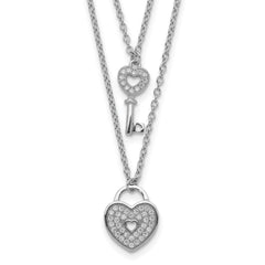 Sterling Silver Rhodium-plated CZ Heart Lock/Key w/2in ext Necklace