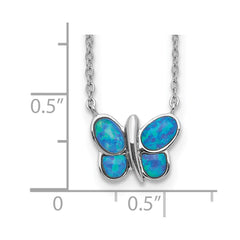 Sterling Silver Rhodium plated Created Opal Butterfly Inlay Necklace
