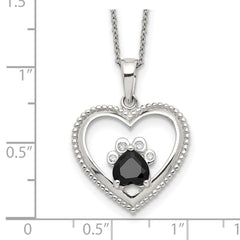 Sterling Silver Black and White CZ Heart with Paw Print 18 inch Necklace