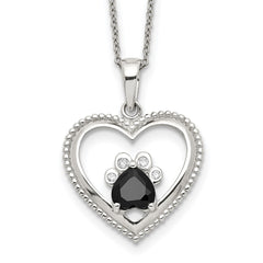 Sterling Silver Black and White CZ Heart with Paw Print 18 inch Necklace