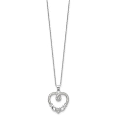 Sterling Silver Rhod-plated Claddagh Heart CZ W/ 1 in ext.Necklace