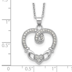 Sterling Silver Rhod-plated Claddagh Heart CZ W/ 1 in ext.Necklace