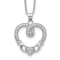 Sterling Silver Rhod-plated Claddagh Heart CZ W/ 1 in ext.Necklace