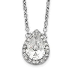 Sterling Silver Rhodium-plated Pear CZ Halo w/1in ext Necklace