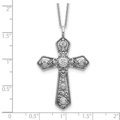 Sterling Silver Antiqued CZ Fancy Cross w/2in ext. Necklace