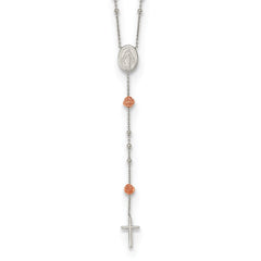 Sterling Silver RH-plated Beaded Rosary with Rose-tone Roses Necklace