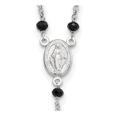 Sterling Silver Rhodium-plated Black Beaded Rosary w/1.25in .ext Necklace