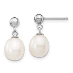 Sterling Silver Rhodium-plated 8-9mm White Rice Freshwater Cultured Pearl 18 inch Necklace and Post Dangle Earrings Set