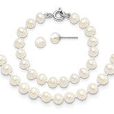 Sterling Silver Madi K Rhodium-plated 5-6mm White Semi-Round Freshwater Cultured Pearl 12 inch Necklace, 4 inch Bracelet & Post Earrings Set