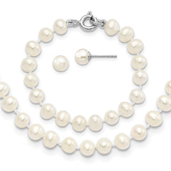 Sterling Silver Madi K Rhodium-plated 5-6mm White Semi-Round Freshwater Cultured Pearl 12 inch Necklace, 4 inch Bracelet & Post Earrings Set