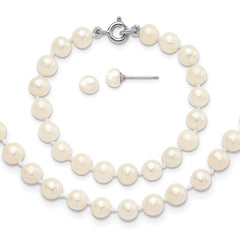 Sterling Silver Madi K Rhodium-plated 5-6mm White Semi-Round Freshwater Cultured Pearl 12 inch Necklace, 4 inch Bracelet & Button Post Earrings Set