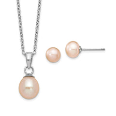 Sterling Silver Rhodium-plated 6-7mm Pink Teardrop Freshwater Cultured Pearl 17 inch Necklace and Button Post Earrings Set