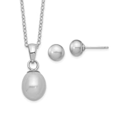 Sterling Silver Rhodium-plated 6-7mm Grey Teardrop Freshwater Cultured Pearl 17 inch Necklace and Button Earrings Set