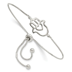 Sterling Silver Polished Heart Hamsa Adjustable Bracelet