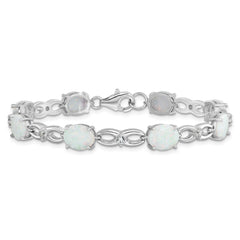 Sterling Silver Rhodium-plated Polished White Created Opal & CZ Bracelet