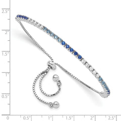 Sterling Silver Rhodium Created Blue Spinel & CZ Adjustable Bracelet