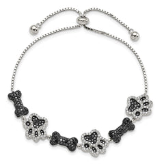 Sterling Silver Rhodium-plated CZ Paw Print & Dog Bone Adj Bracelet