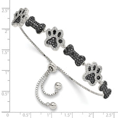 Sterling Silver Rhodium-plated CZ Paw Print & Dog Bone Adj Bracelet