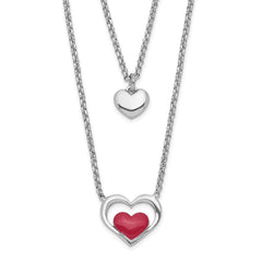 Sterling Silver Rhodium-plate Enamel Heart 2-Strand w/1in Ext Necklace