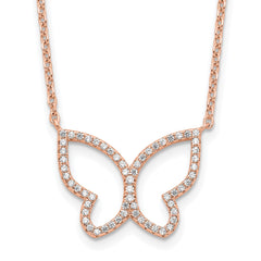 Sterling Silver Rose-tone Polished Open Butterfly CZ w/2 in ext. Necklace
