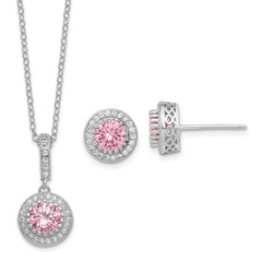 Sterling Silver Polished Rhodium-plated CZ 18in Necklace/Post Earrings Set - 3