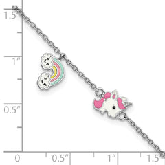 Sterling Silver Rhodium-plated Polished & Multi-color Enameled Unicorn & Rainbow with 1 Inch Extension Children's Bracelet