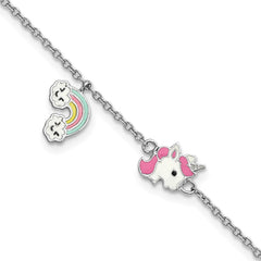 Sterling Silver Rhodium-plated Polished & Multi-color Enameled Unicorn & Rainbow with 1 Inch Extension Children's Bracelet