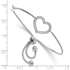 Sterling Silver Rhodium-plated Polished CZ Open Heart Adjustable Bracelet