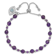 SS Rh-plated Amethyst and CZ and Blue Glass Adjustable Bracelet