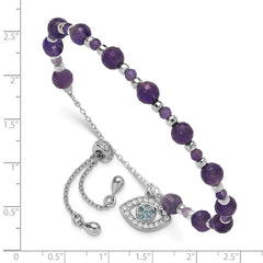 SS Rh-plated Amethyst and CZ and Blue Glass Adjustable Bracelet