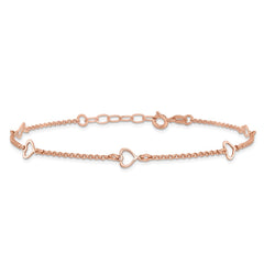 Sterling Silver Rose-tone Hearts 9 inch Plus 1 inch Extender - Total 10 inch Anklet