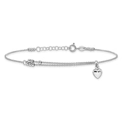 Sterling Silver Rhodium-plated Beads/Heart Dangle 9 inch Plus 1 inch Extender - Total 10 inch Anklet - 2