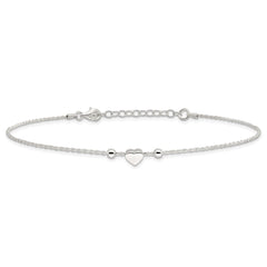 Sterling Silver Heart/Beads 9 inch Plus 1 inch Extender - Total 10 inch Anklet
